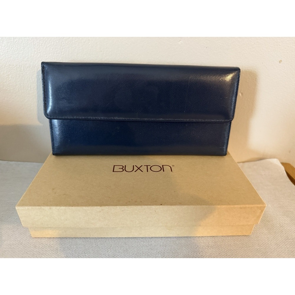 Vintage BUXTON Wallet Slim Clutch Coin Purse Checkbook Organizer Dark Blue NIB
